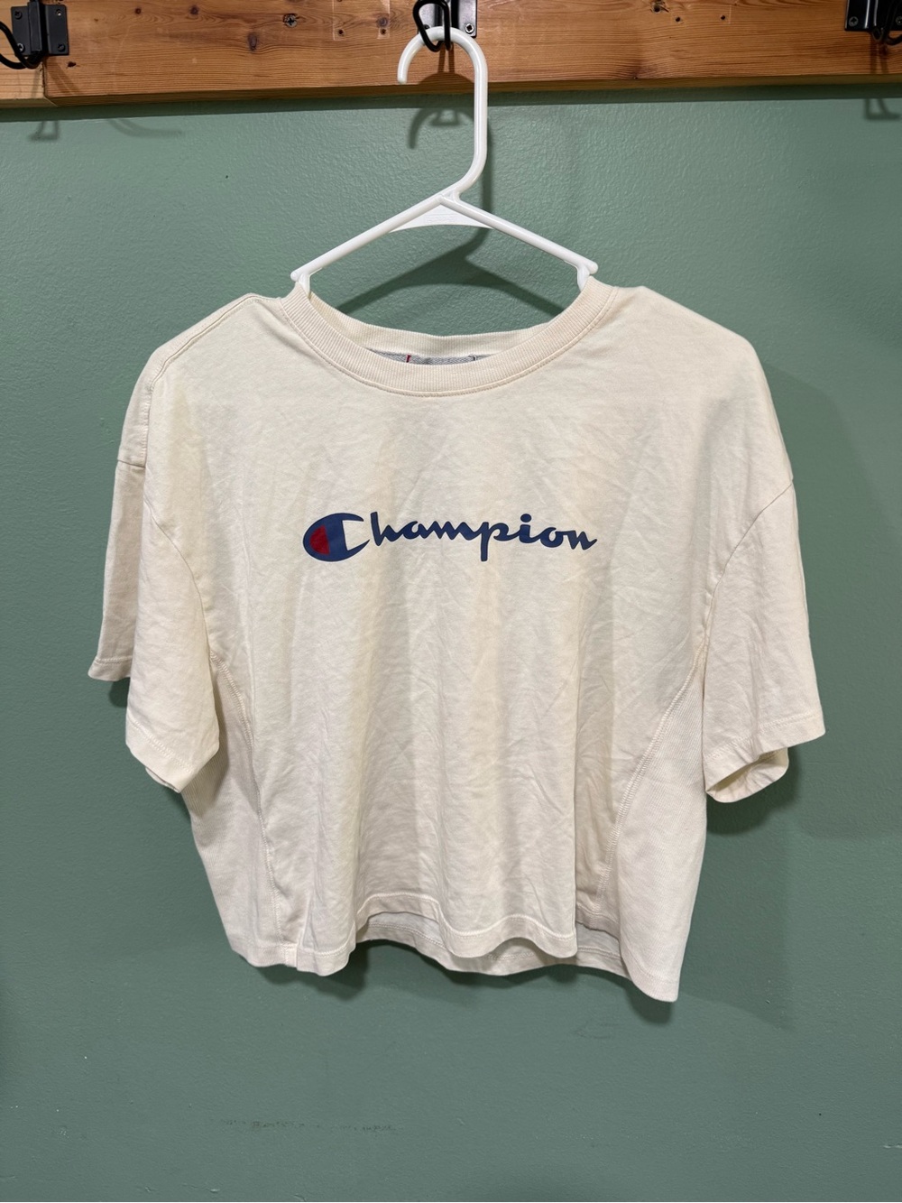 Champion Cream Cropped Tee with Navy & Red Logo